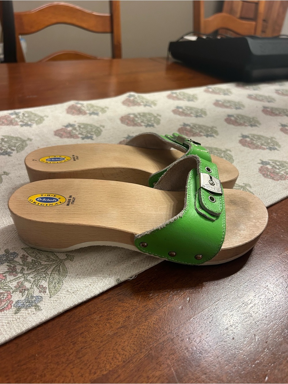 Dr. Scholl's Green Leather Buckle Clog Slides